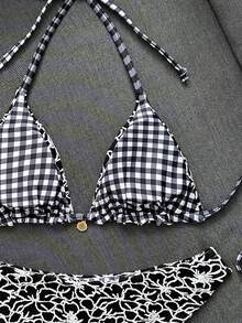 Swim Mod Women's Patterned Special Fabric Plaid Reversible Bikini Set - Black - View 7
