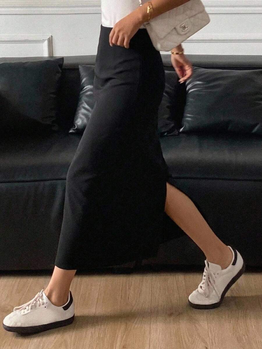 DAZY Women's Solid Color Elegant Work Wear Straight Slit Skirt,Pencil Skirt Fall Skirts - Black - View 1