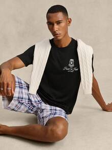 EverLounge Men's Basic Casual Fashion British Style Letter Print T-Shirt Top And Plaid Shorts Loungewear Set Back-To-School Home Black White Summer - Black - View 6