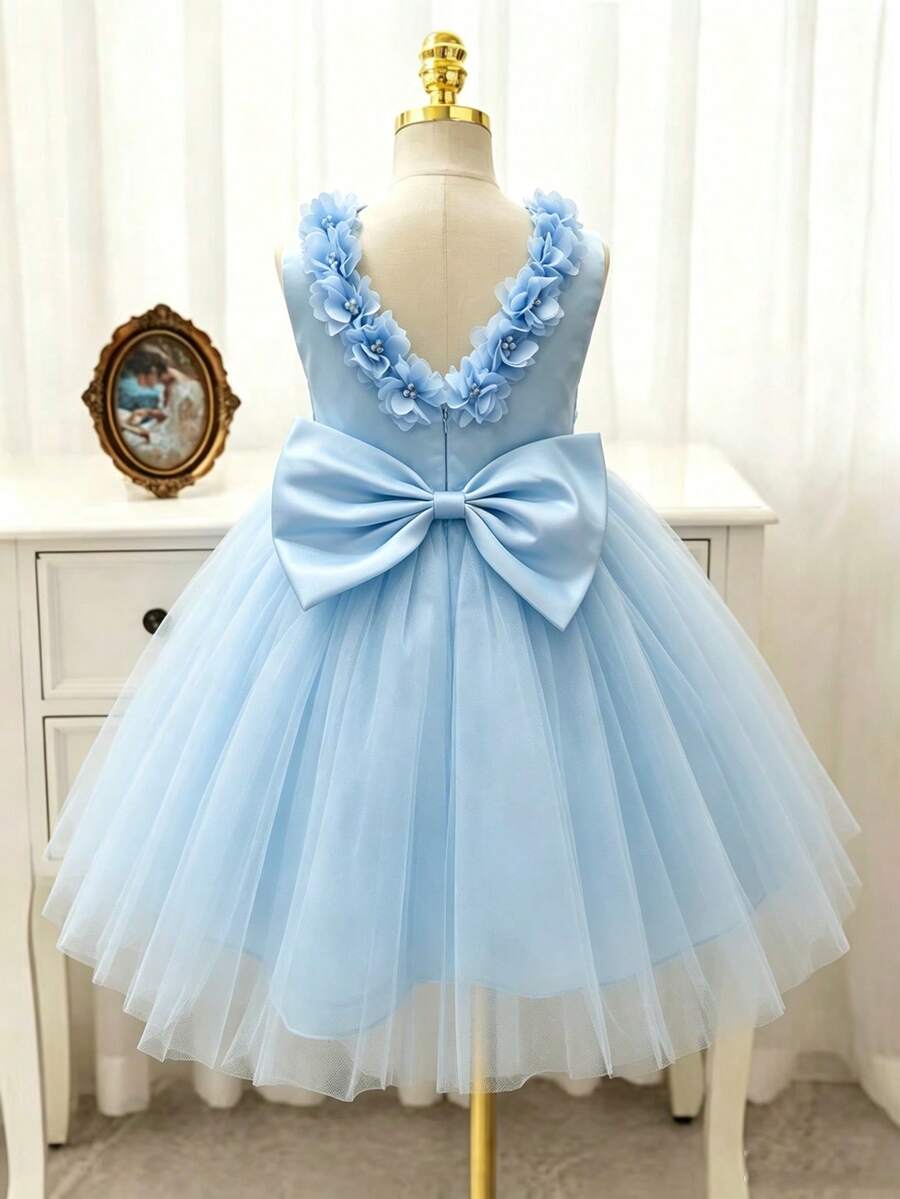 SHEIN Glamorique Kids 女童皇家藍無袖珍珠蝴蝶結網紗洋裝,適合晚宴、生日派對、表演、夏季 - 藍色 - 查看 1