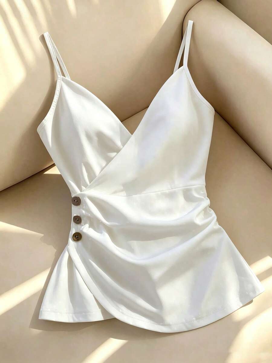 Franclia 時尚新款細肩帶抓皺鈕扣交叉前襟女款背心，春/夏 - 白色 - 查看 1