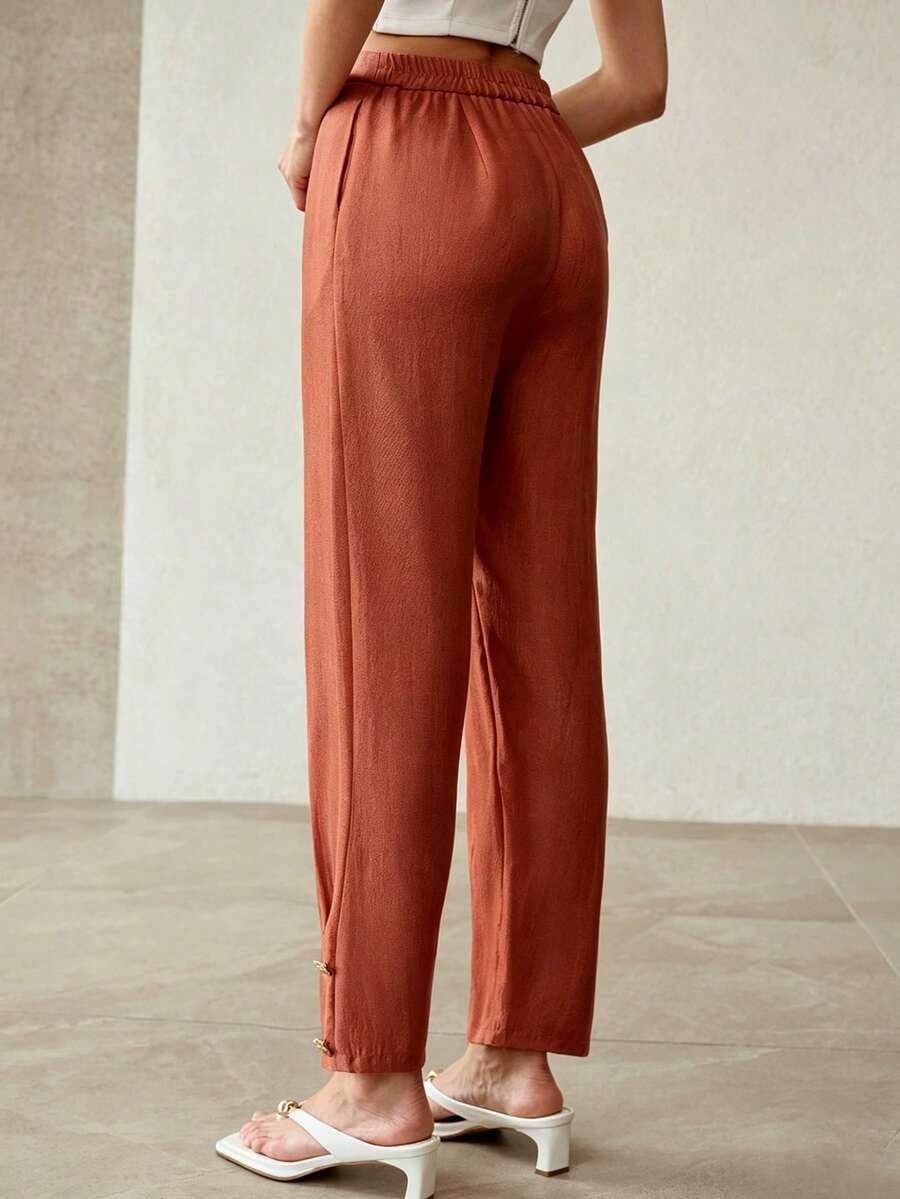 MOTF PREMIUM HIGH WAIST MINIMALIST RUCHED METAL DECOR SUIT PANTS - Brown - View 2