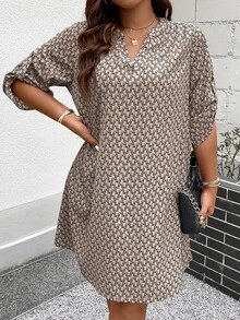 Plus Allover Print Roll Tab Sleeve Tunic Dress Fall - Brown - View 4