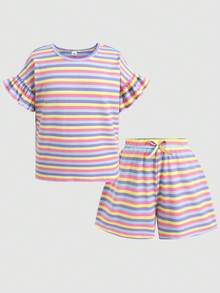 SHEIN Tween Girl 2件組 短袖上衣與鬆緊腰短褲休閒度假條紋套裝 - 彩色 - 查看 5