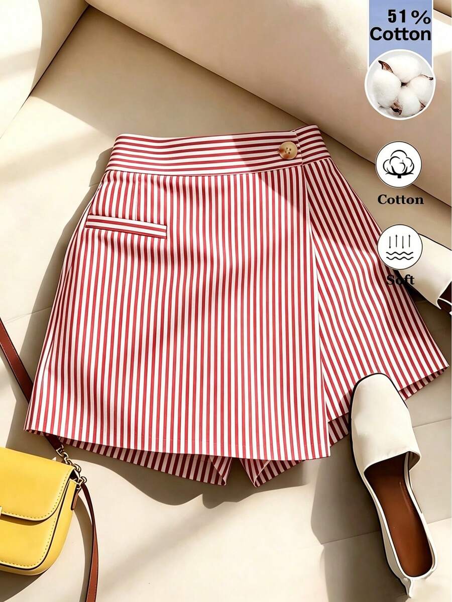 SHEIN Franclia 女款條紋休閒百搭日常外出裙褲 - 紅色 - 查看 1