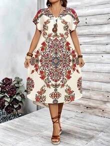 EMERY ROSE Plus Size Women Floral V-Neck Short Sleeve Elegant Boho Dress Summer Spring Clothing Country Style Vacation Beige - Multicolor - View 1