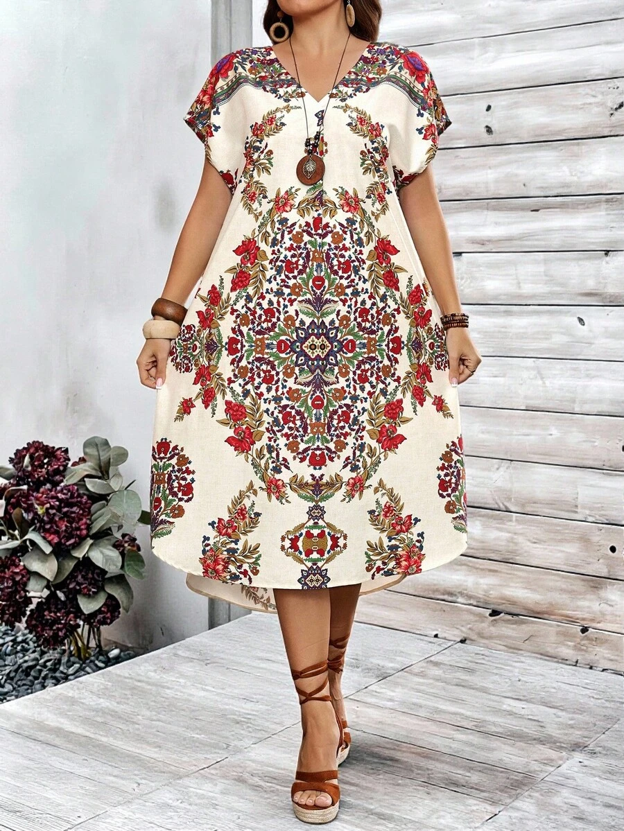 EMERY ROSE Plus Size Women Floral V-Neck Short Sleeve Elegant Boho Dress Summer Spring Clothing Country Style Vacation Beige - Multicolor - View 1