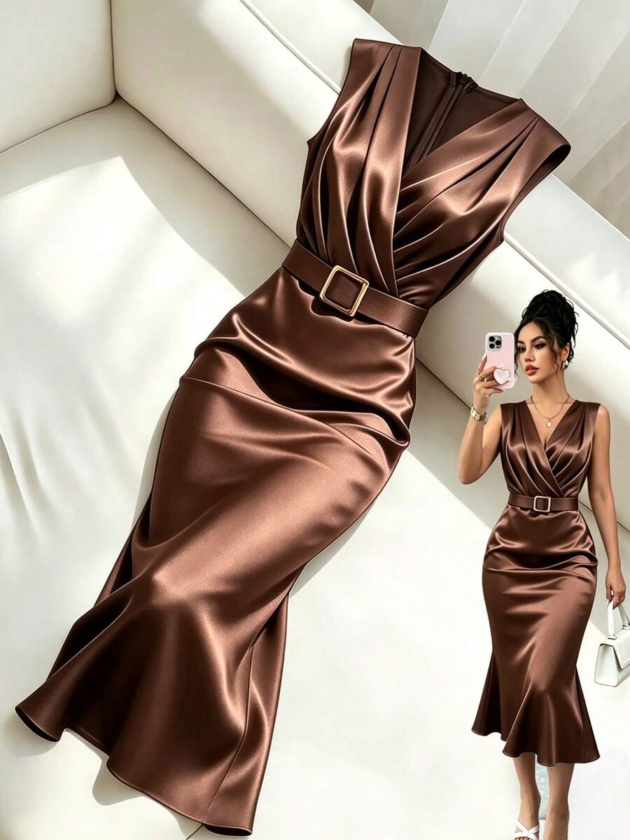 Franclia Gaun Wanita Elegan untuk Komuter, Model V-Neck Bodycon, Pas Badan, Bahan Satin Elastis Mengkilap dengan Kancing Metalik, Gaun Dalaman Musim Semi/Panas - Coffee Brown - View 1