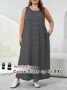 SHEIN CURVE+ 大尺碼女款夏季洋裝、女款夏季洋裝、女款度假洋裝、女款夏季洋裝、畢業洋裝、商務休閒女款太陽裙、女款辦公洋裝、畢業洋裝、新時尚休閒通勤、條紋無袖口袋洋裝、長洋裝、A字裙、黑白條紋洋裝、休閒洋裝/2026/新年 - 黑與白 - 查看 10