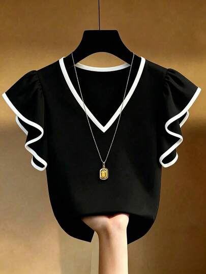 SHEIN Franclia French Style V-Neck Black And White Contrast Ruffle Short Sleeve Chiffon Top Women's Summer New Commute Slimming High-End Top