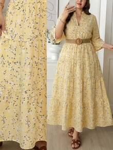 Comfylo Ditsy Floral 3/4 Sleeve Patchwork Tiered Maxi Dress Plus Size - Yellow - View 7