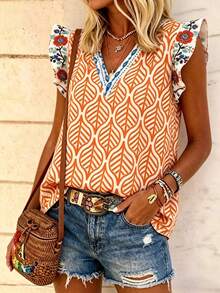 EMERY ROSE Blusa de mujer con estampado floral, cuello en V y mangas acampanadas para vacaciones - Multicolor - Ver 3
