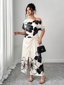 SHEIN Clasi Plus Size Women's Elegant Floral Placement Print Asymmetrical Shoulder Dress, High Slit, Twisted Waist Design Vacation Brunch White Summer - Beige - View 5