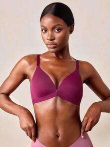 Veilyse 1pc V-Shaped Women Comfortable Wireless Soft Cup Solid Color Bra - Burgundy - View 3
