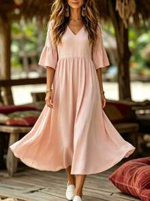 Louniche Women's Linen Feel V-Neck Wide Sleeve Solid Color Midi Dress, Suitable For Spring/Summer Holiday Outings, Decent Dress, Old Money Style Dress, Back To School Dress, Vacation Dress, Casual Dress. Suitable For Women's Autumn Clothing, Teacher Professional Wear, Floral Dress, Women's Summer Dress, Long Sleeve Summer Dress, Bohemian Style Summer Dress, Women's Vacation Dress - Baby Pink - View 7
