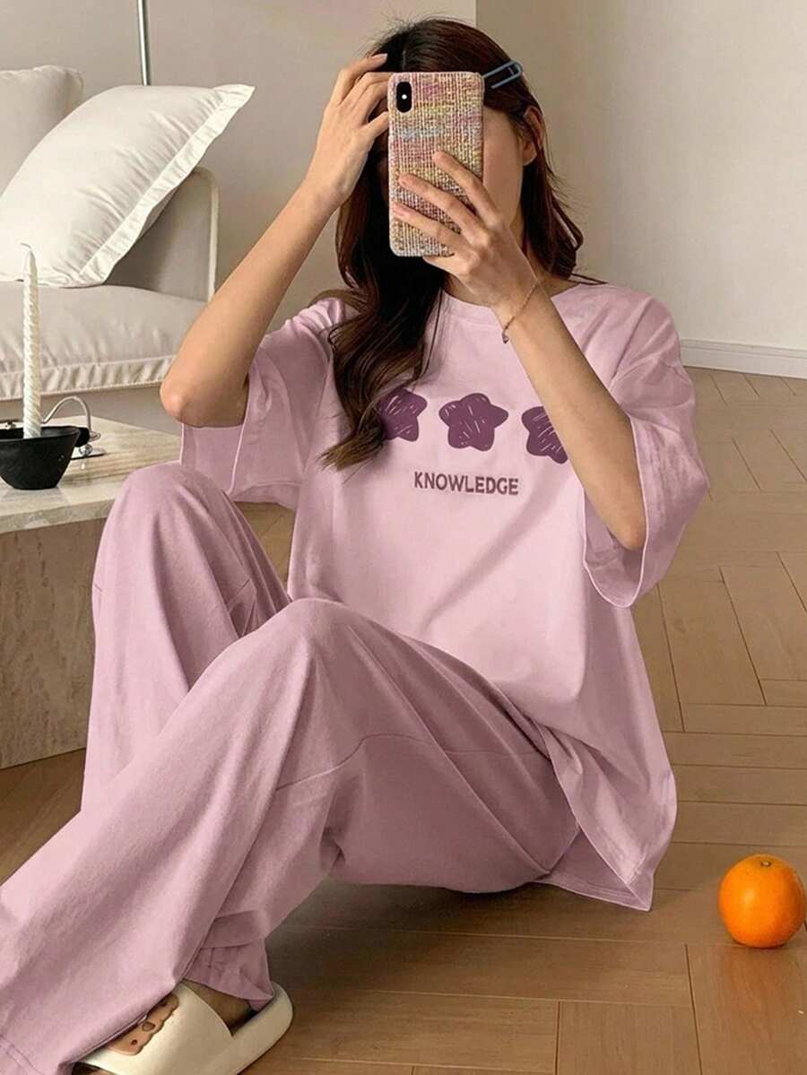 DAZY 極簡星星印花寬鬆短袖上衣與長褲 2 件組女款居家服套裝 夏季睡衣 - 粉色 - 查看 1