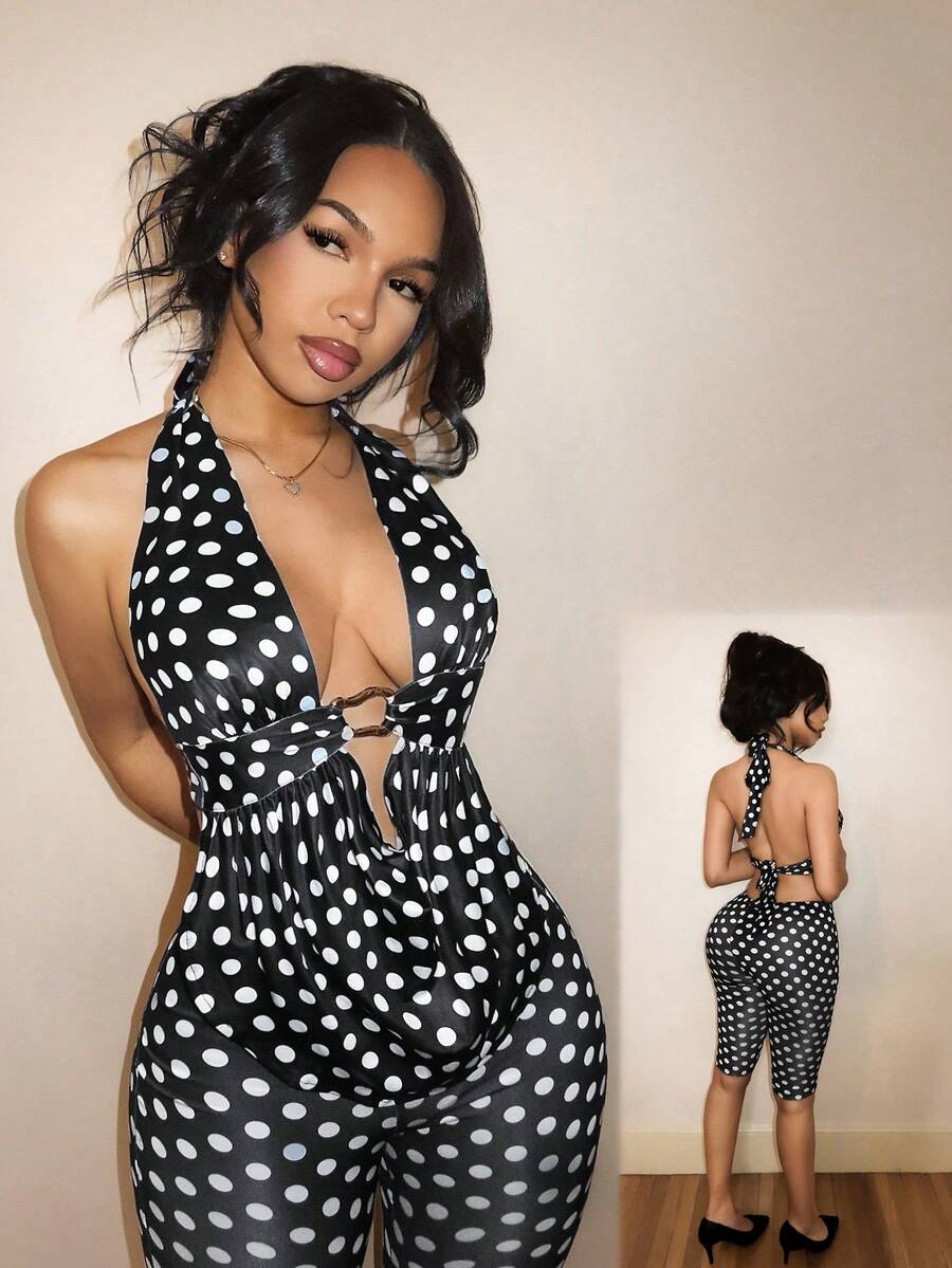 BamGleam Black And White Polka Dot 90s Disco Deep Draped Neck Halter Top And Bermuda Shorts Two Pieces Set Club Party Night Out Summer Sexy