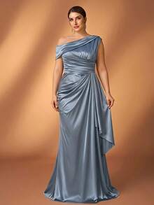 Serin Plus Size Gray-Blue Off-Shoulder Ruched Twist Drape Asymmetric Hem A-Line Formal Evening Gown, Bridesmaid Dress, Mother Of The Bride Dress - Dusty Blue - View 3