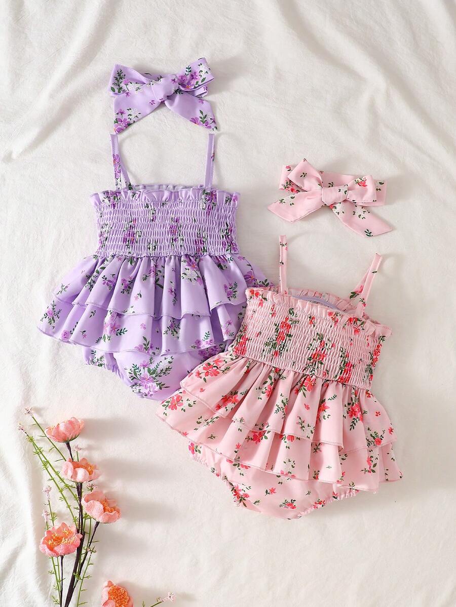 SHEIN Vintaside Kids 女嬰四件套夏季花卉印花細肩帶連身裙 雙層荷葉邊裙襬 - 彩色 - 查看 1