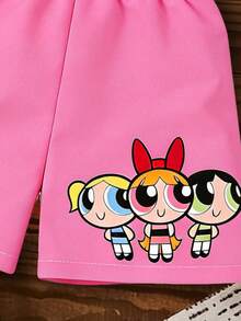 THE POWERPUFF GIRLS X SHEIN GraphicGems 少女夏季休闲度假风卡通撞色爱心印花吊带背心和短裤套装 - 粉色 - 查看 3