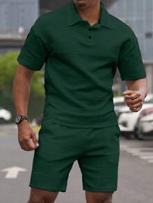 Manfinity Homme 男士休閒 Polo 衫與短褲套裝，極簡風格日常穿著，兩件式夏季綠色布料休閒套裝，不對稱剪裁 - 墨綠色 - 查看 4