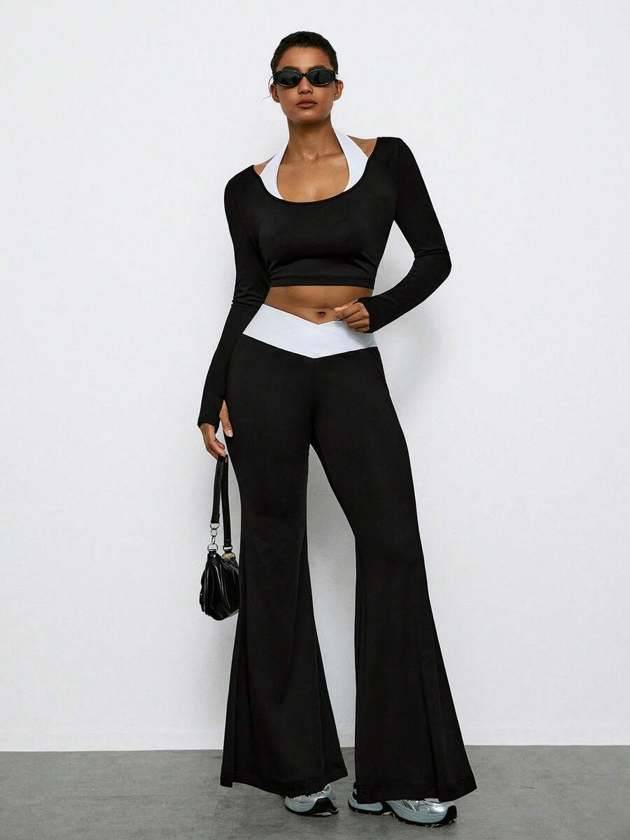 Levarali Women's Plus Size Halter Neck 2 In 1 Patchwork Long Sleeve Top And Flared Leggings Casual Daily Sports Set Gym Black And Gold White Autumn Fall - Black and White - View 1