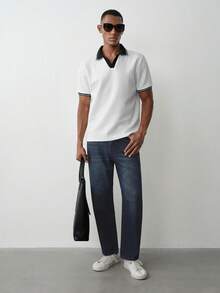 MENRIVO 男士撞色纹理 Polo 衫，适合外出、聚会和办公穿着 - 白色 - 查看 2