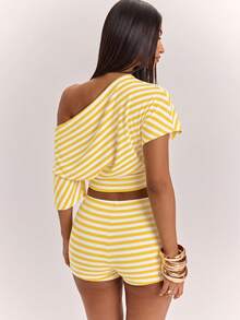 SHEIN BAE Women's Striped Asymmetric Shoulder Short Sleeve Top And Low Waist Shorts Set, Spring/Summer Striped Two Pieces Set, Summer Two Pieces Set, Casual Two Pieces Set, Comfortable Two Pieces Set, Suitable For Beach Vacation And Daily Casual Wear, Basic Style/Summer/Beach/Outing Outfit, Striped Set - Yellow - View 2