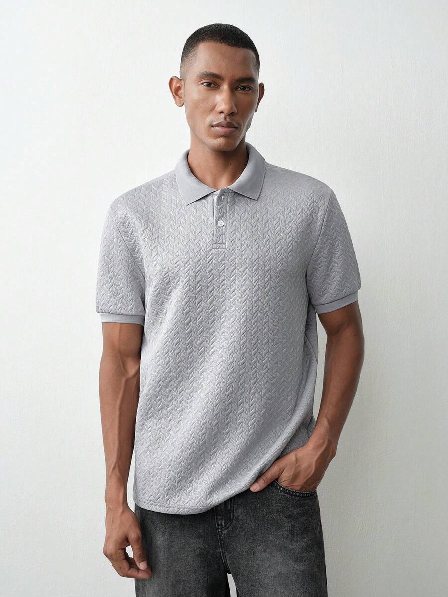 MENRIVO 男士纯色短袖休闲/办公 Polo 衫 - 淺灰色 - 查看 1