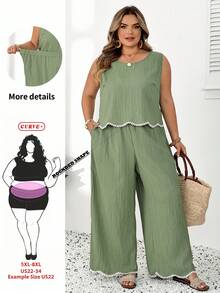 SHEIN CURVE+ Plus Size Women's Round Neck Sleeveless Shirt And Pants Casual Boho Formal 2 Pieces Set Vacation Sage Green Summer Beach Brunch - Green - View 1