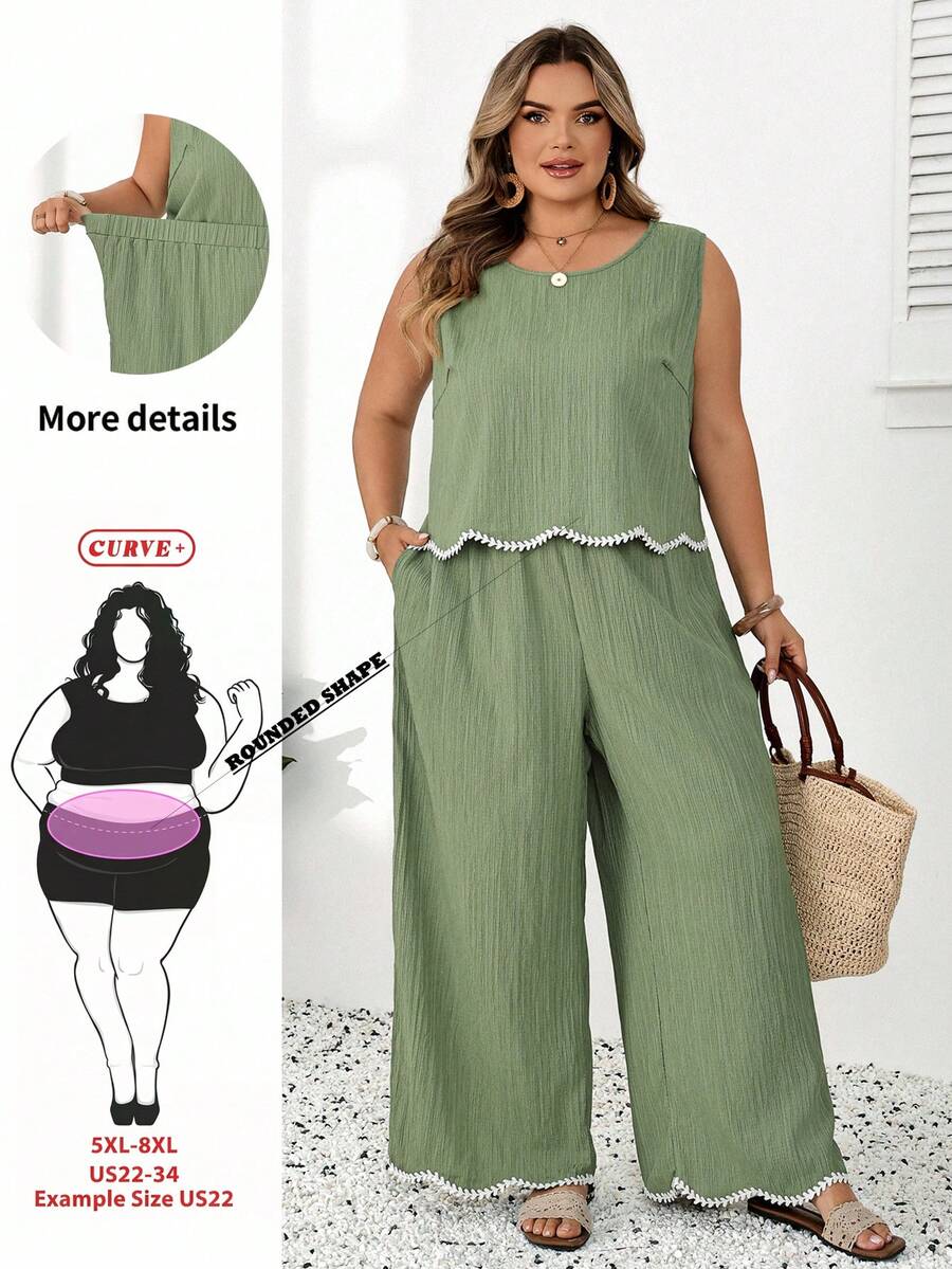 SHEIN CURVE+ Plus Size Women's Round Neck Sleeveless Shirt And Pants Casual Boho Formal 2 Pieces Set Vacation Sage Green Summer Beach Brunch - Green - View 1