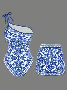 Swim Oasis Traje de baño de una pieza sexy 2026 nuevo, conjunto de 2 piezas de vestido de playa impreso de poliéster para vacaciones - azul real - Ver 2
