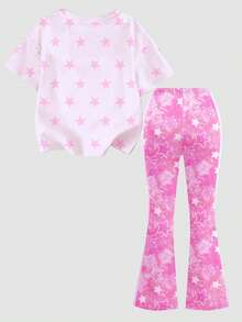 女童小女孩圓領字母卡通印花短袖T恤與喇叭褲休閒日常套裝 - 彩色 - 查看 8
