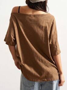 Bohemela Casual Grunge Solid Color Knit Asymmetric Neck Short Sleeve Loose Fit Women's T-Shirt Brown And Cream Large Letters Graphic Tee Summer Outfits Music - Brown - View 3