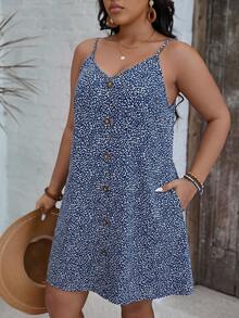 SHEIN VCAY Plus Size Women's Leopard Print Button Design Cami Dress - Royal Blue - View 6