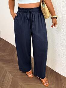 Lounesse Plus Size Women's Solid Color Drawstring Waist Pocket Casual Versatile Everyday Travel Long Pants - Navy Blue - View 1