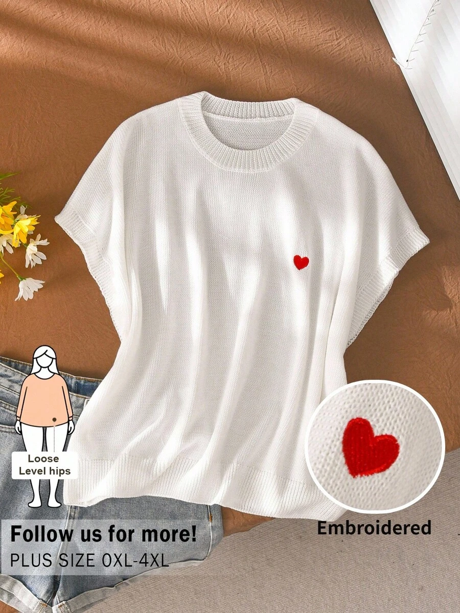 CosyJoli Plus Size Sweater Pullover, White Top, Casual Women's Plus Size Summer Clothing, Heart Embroidery Women's Clothing, Embroidered Top, Plus Fall/Winter