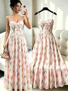 Rafferiza 2026 Summer New Women's Elegant Fashion Young Minimalist Spaghetti Strap Tulip Pattern Dress Daily Wear Long Holiday Vacation Floral Pink - Multicolor - View 1