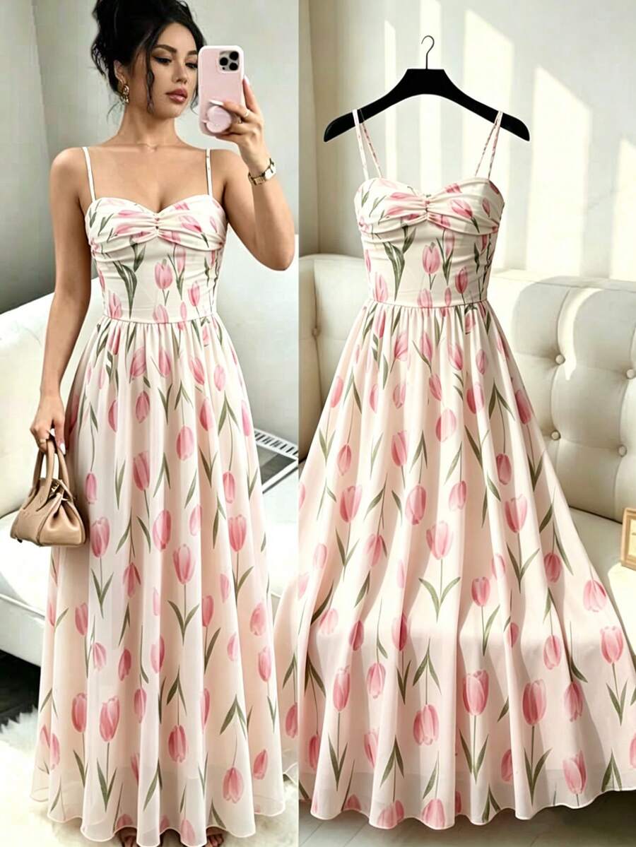 Rafferiza 2026 Summer New Women's Elegant Fashion Young Minimalist Spaghetti Strap Tulip Pattern Dress Daily Wear Long Holiday Vacation Floral Pink - Multicolor - View 1