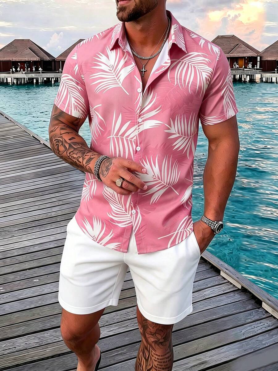 Manfinity Homme Men's Vacation Casual Botanical Print Shirt And Shorts 2 Pieces Set - Pink - View 1