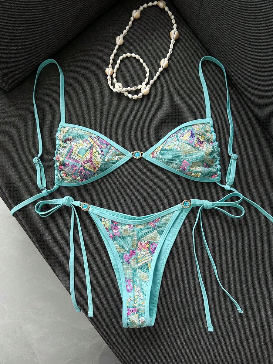 Swim Vcay Swim Bonvoyette 2件組 春夏度假花卉亮片紋理布料 藍色珍珠光澤細肩帶抹胸上衣與側綁帶比基尼泳褲 性感女款泳裝套裝 - 彩色 - 查看 1