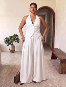 Truni Plus Size Casual Elegant Vacation Wide-Leg Two Pieces Set Formal Party Formal Office White Summer - White - View 5