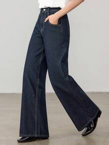 DAZY Women's Retro Korean Style Casual Loose Pocket Wide Leg Jeans Petite - Blue - View 9