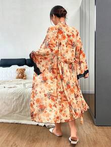 SHEIN 成熟優雅緞面細肩帶洋裝花卉圖案網紗晨袍大尺碼睡衣兩件組 - 薑色 - 查看 2