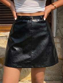 DAZY Women Solid Color PU Leather Wrap Mini Skirt, All Season - Black - View 12