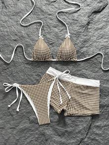 Swim Mod 女款 2026 春夏新款格紋印花蝴蝶結裝飾 V 領露背三角上衣 綁帶式比基尼泳褲與低腰泳褲 3 件式泳裝套裝 - 彩色 - 查看 4