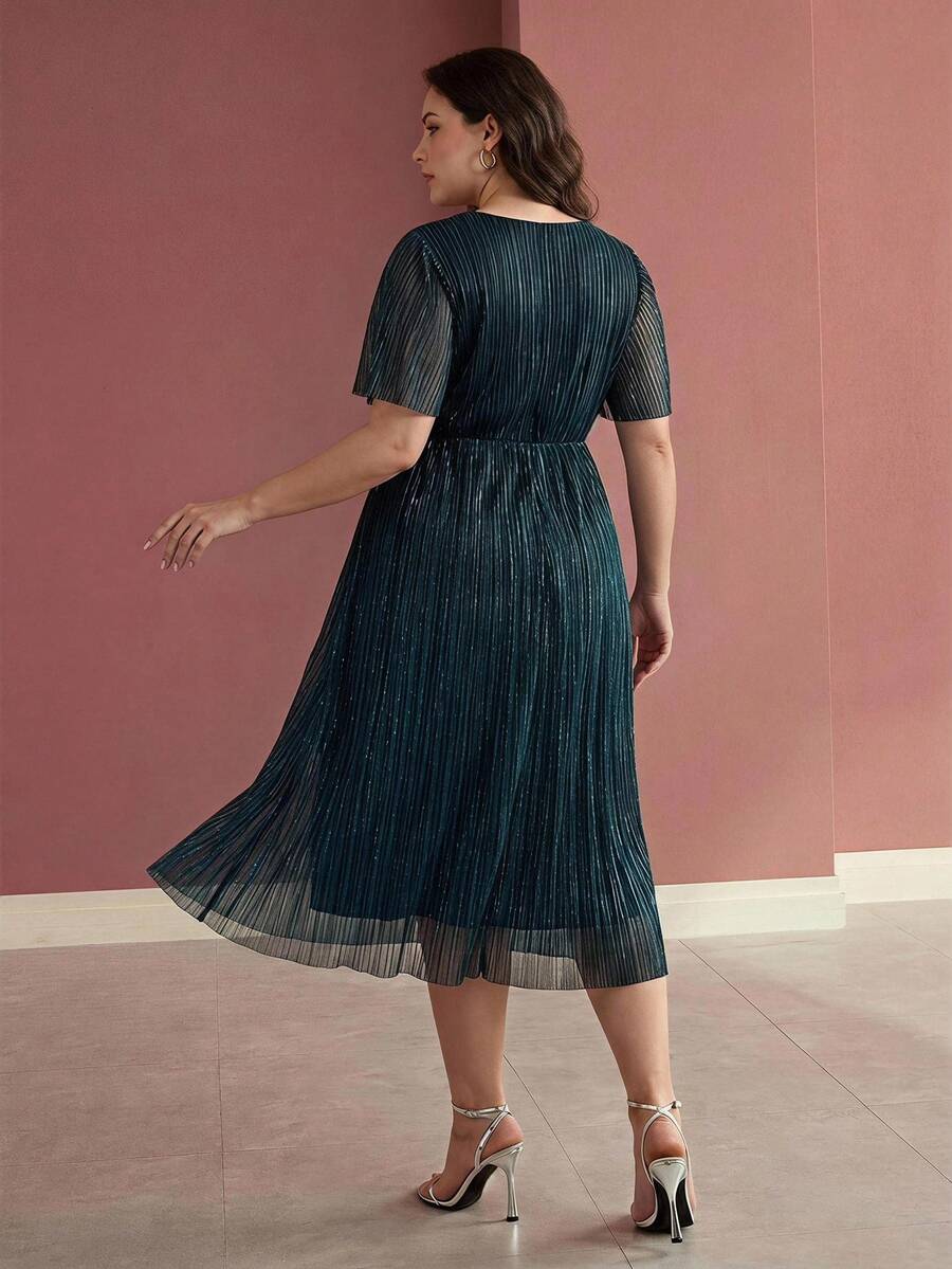 MOTF PREMIUM PLUS SIZE ELEGANT PLEATED DESIGN MID-LENGTH ELASTIC DRESS, SUMMER - Teal Blue - View 2