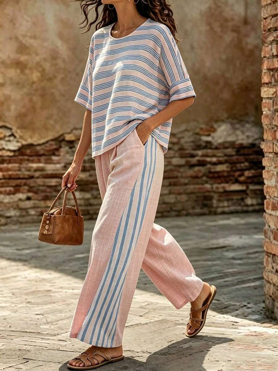 SHEIN Holidaya 女士休闲条纹蝙蝠袖T恤 - 淺粉色 - 查看 1