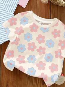 SHEIN LMoss Kids 3件組可愛花卉藍色蝴蝶夏季女童服裝套裝，圓領短袖T恤，藍色條紋，粉色休閒童裝 - 彩色 - 查看 4