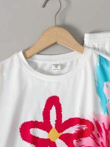 SHEIN Tween女孩休閒日常百搭舒適寬鬆圓領短袖T恤與長褲套裝 - 白色 - 查看 3
